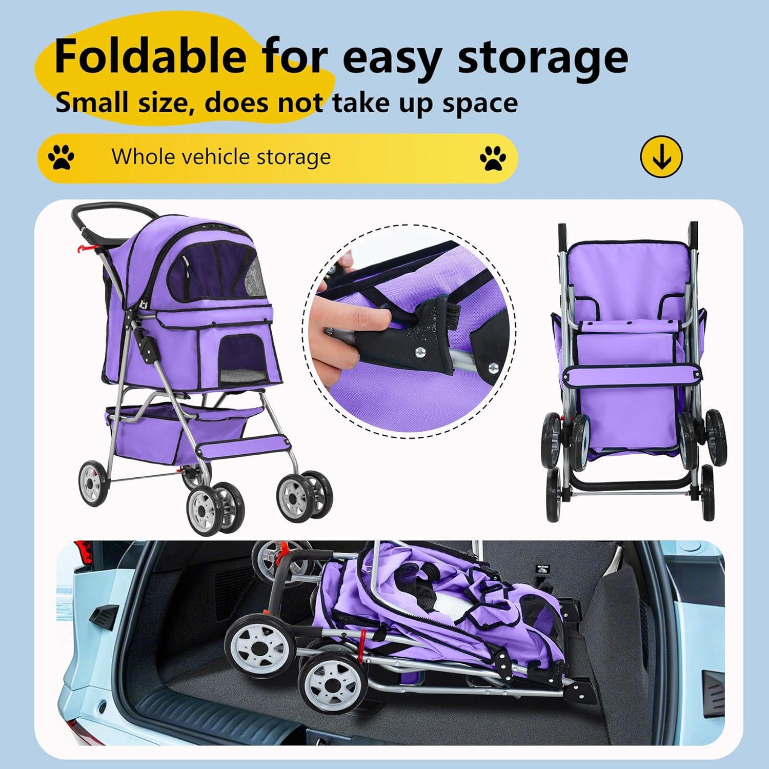 image:imageFDW Pet Stroller 3Wheel Durable Foldable Cat Dog Stroller with Washable Liner Storage Basket Cup HolderBlackPurple