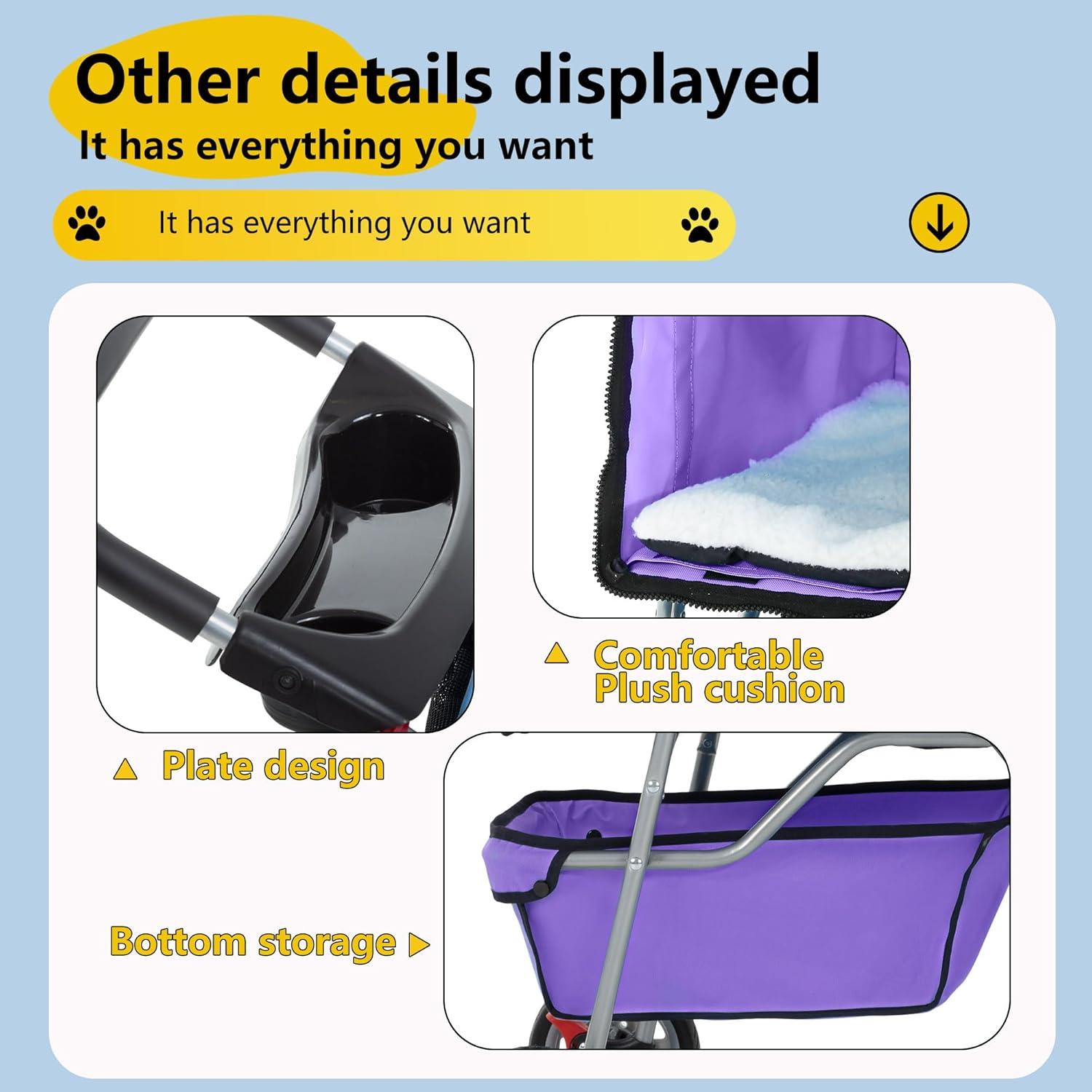 image:imageFDW Pet Stroller 3Wheel Durable Foldable Cat Dog Stroller with Washable Liner Storage Basket Cup HolderBlackPurple