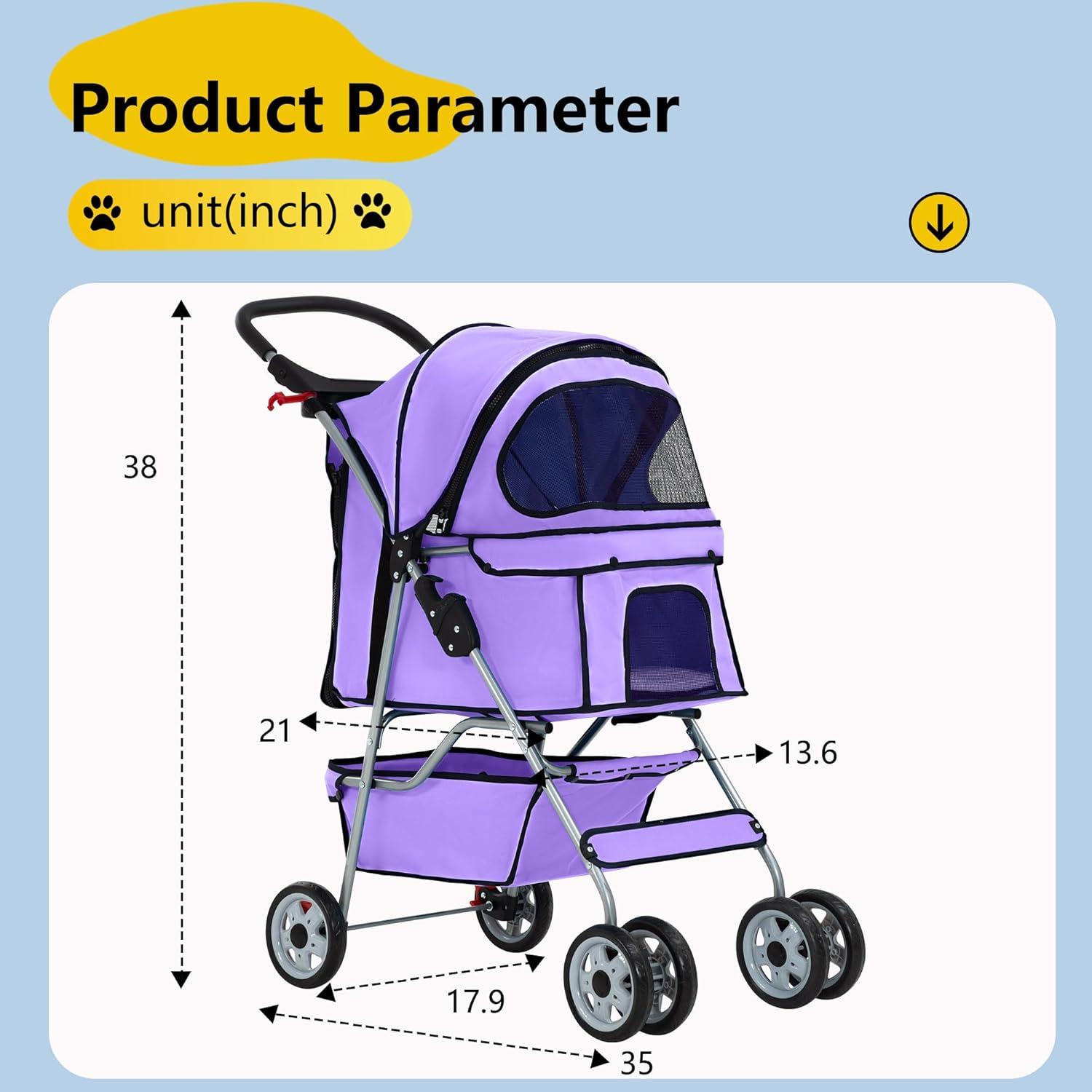 image:imageFDW Pet Stroller 3Wheel Durable Foldable Cat Dog Stroller with Washable Liner Storage Basket Cup HolderBlackPurple