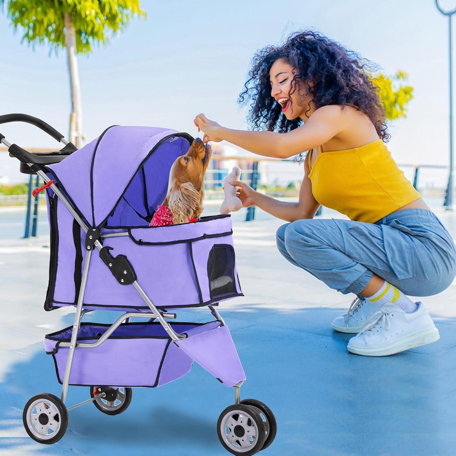 image:imageFDW Pet Stroller 3Wheel Durable Foldable Cat Dog Stroller with Washable Liner Storage Basket Cup HolderBlackPurple