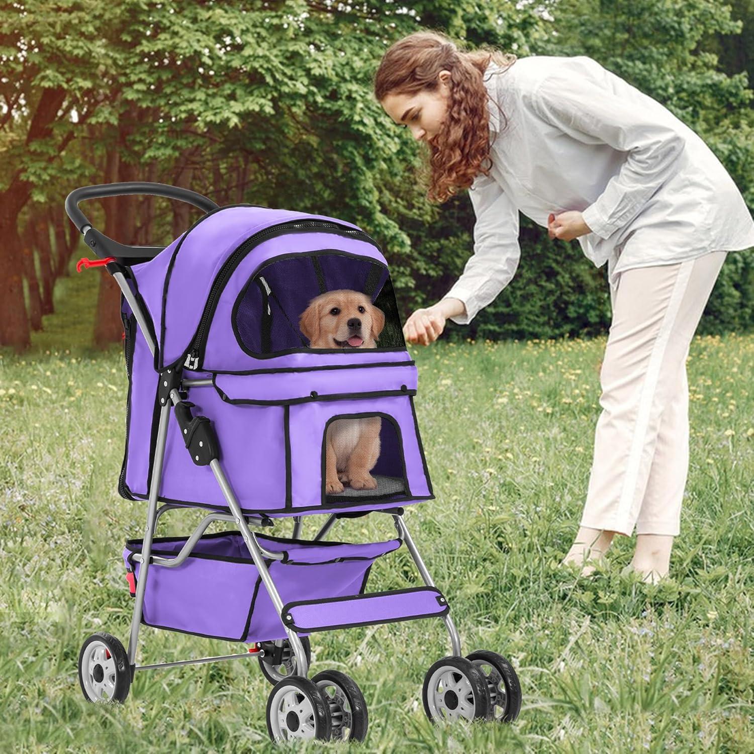 image:imageFDW Pet Stroller 3Wheel Durable Foldable Cat Dog Stroller with Washable Liner Storage Basket Cup HolderBlackPurple