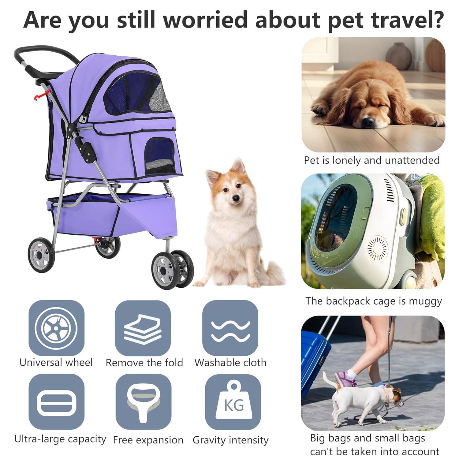 image:imageFDW Pet Stroller 3Wheel Durable Foldable Cat Dog Stroller with Washable Liner Storage Basket Cup HolderBlackPurple