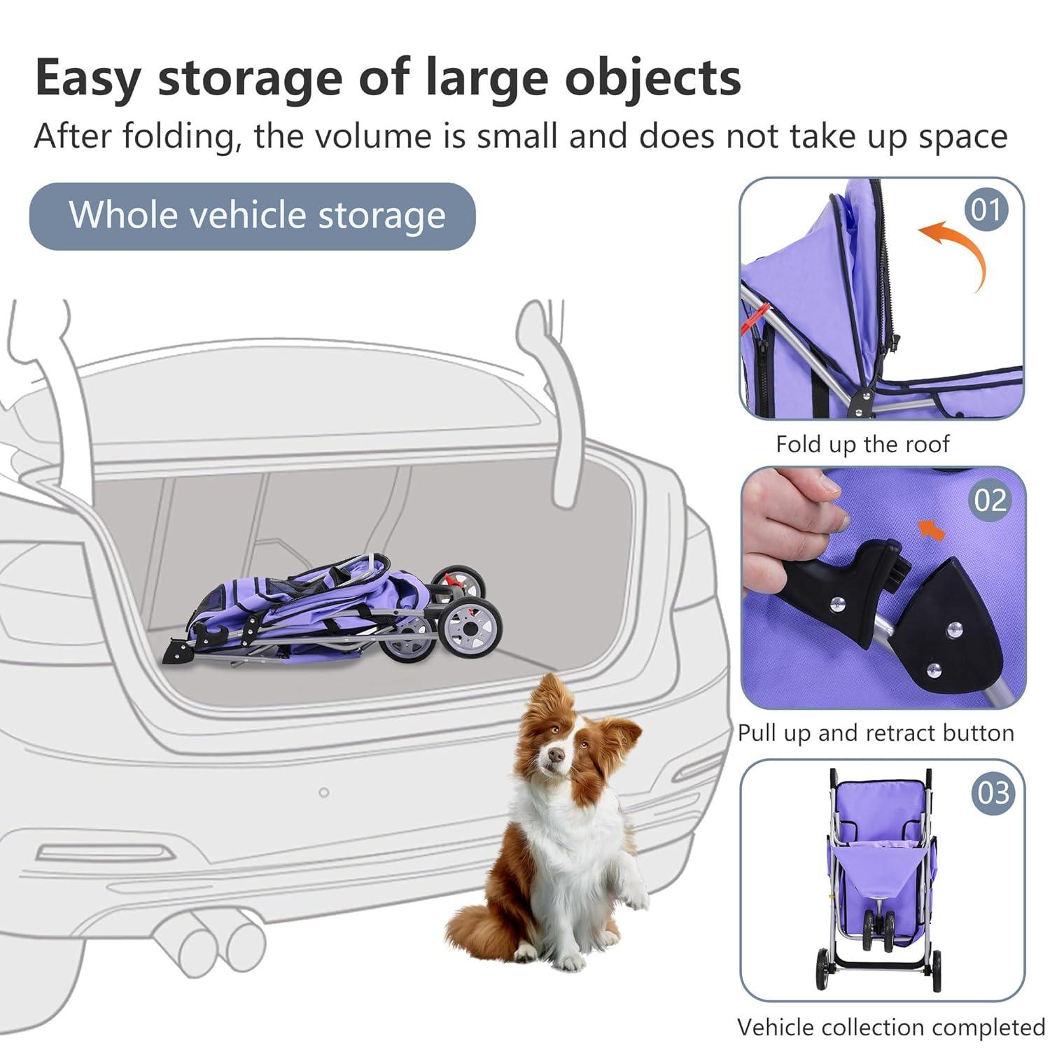 image:imageFDW Pet Stroller 3Wheel Durable Foldable Cat Dog Stroller with Washable Liner Storage Basket Cup HolderBlackPurple