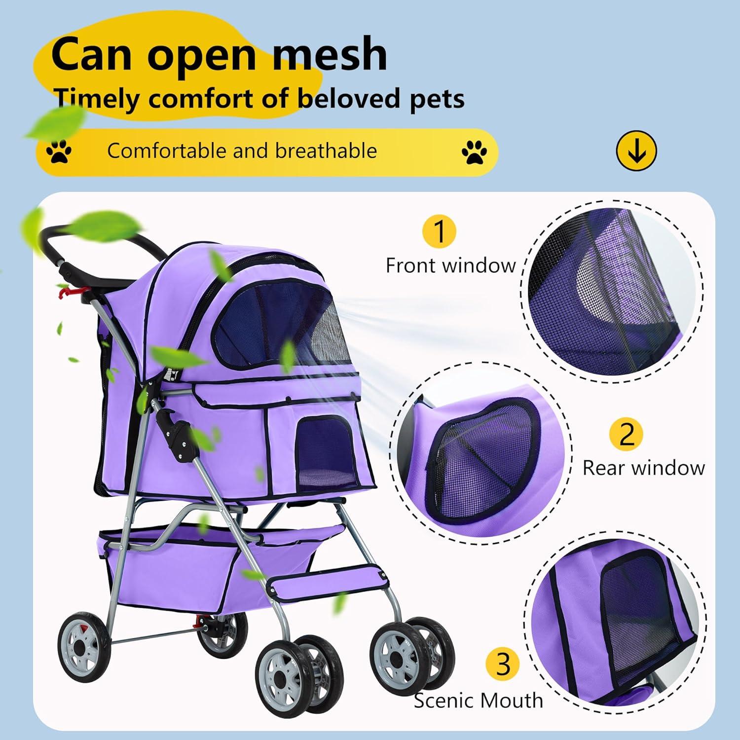image:imageFDW Pet Stroller 3Wheel Durable Foldable Cat Dog Stroller with Washable Liner Storage Basket Cup HolderBlackPurple