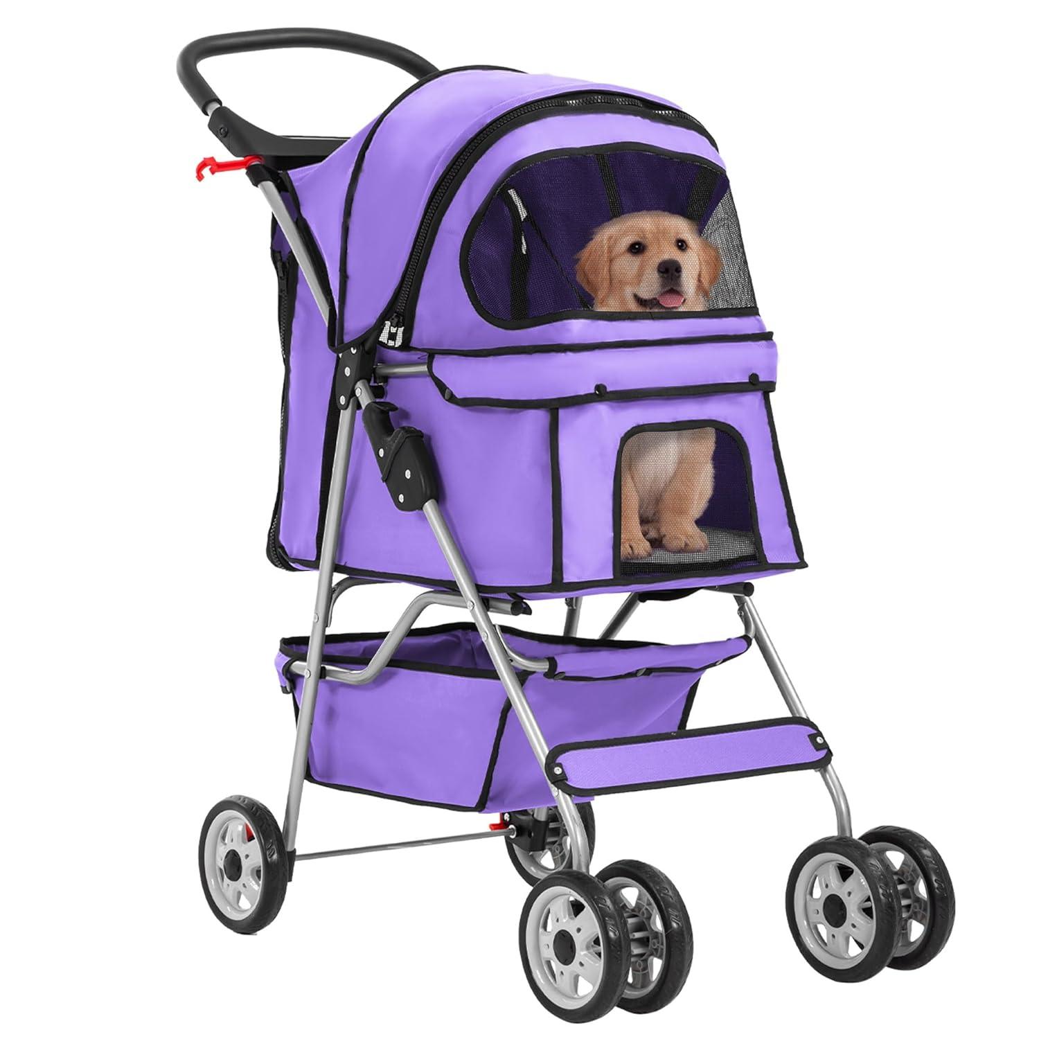image:imageFDW Pet Stroller 3Wheel Durable Foldable Cat Dog Stroller with Washable Liner Storage Basket Cup HolderBlackPurple