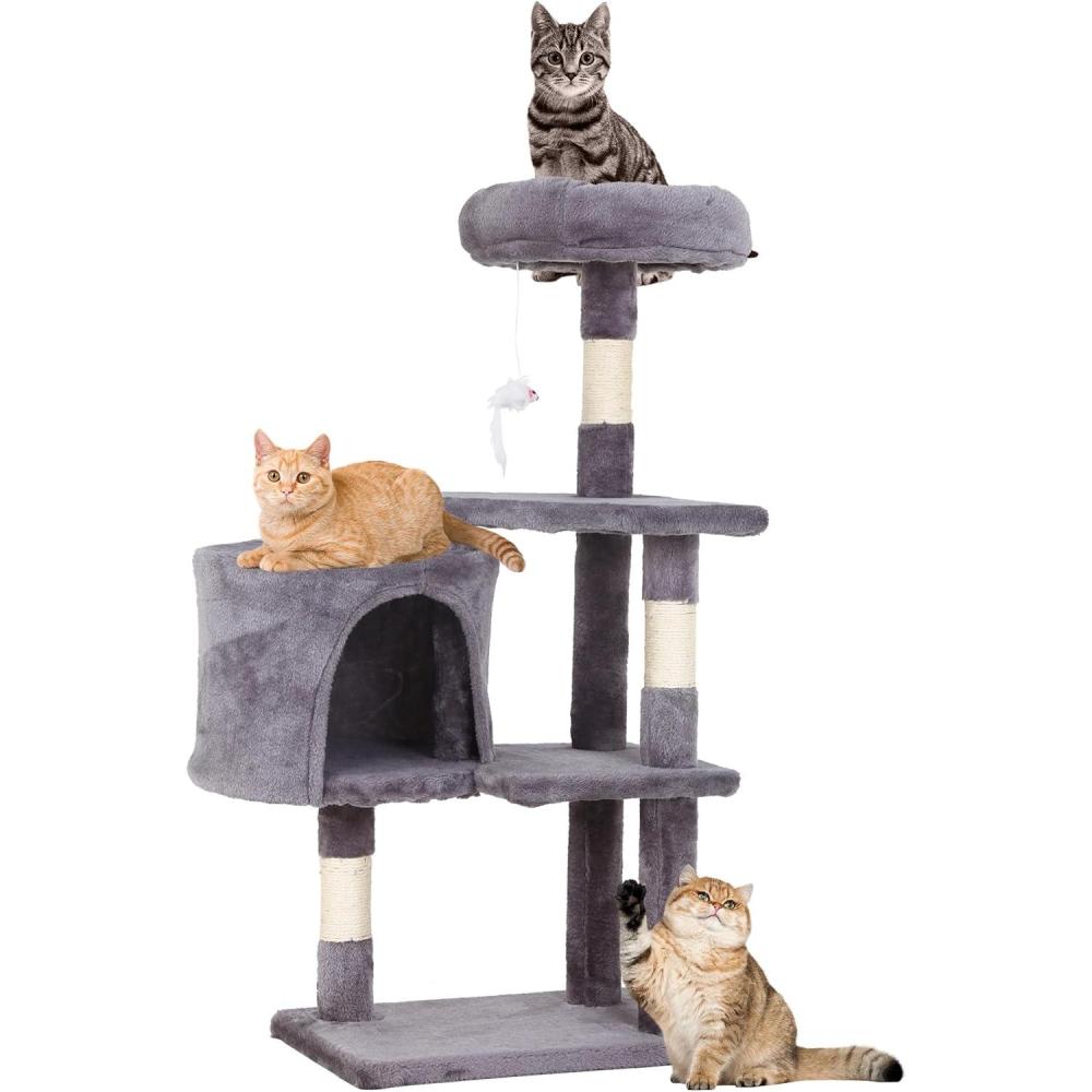 image:imageFDW  70 Cat Tree Tower  Beige  MultiLevel Indoor Activity Center with Sisal Scratching Posts Condos Plush Perches Hanging Cat Toys  Sturdy Easy to Assemble  for Kittens amp Adult CatsLight Gray
