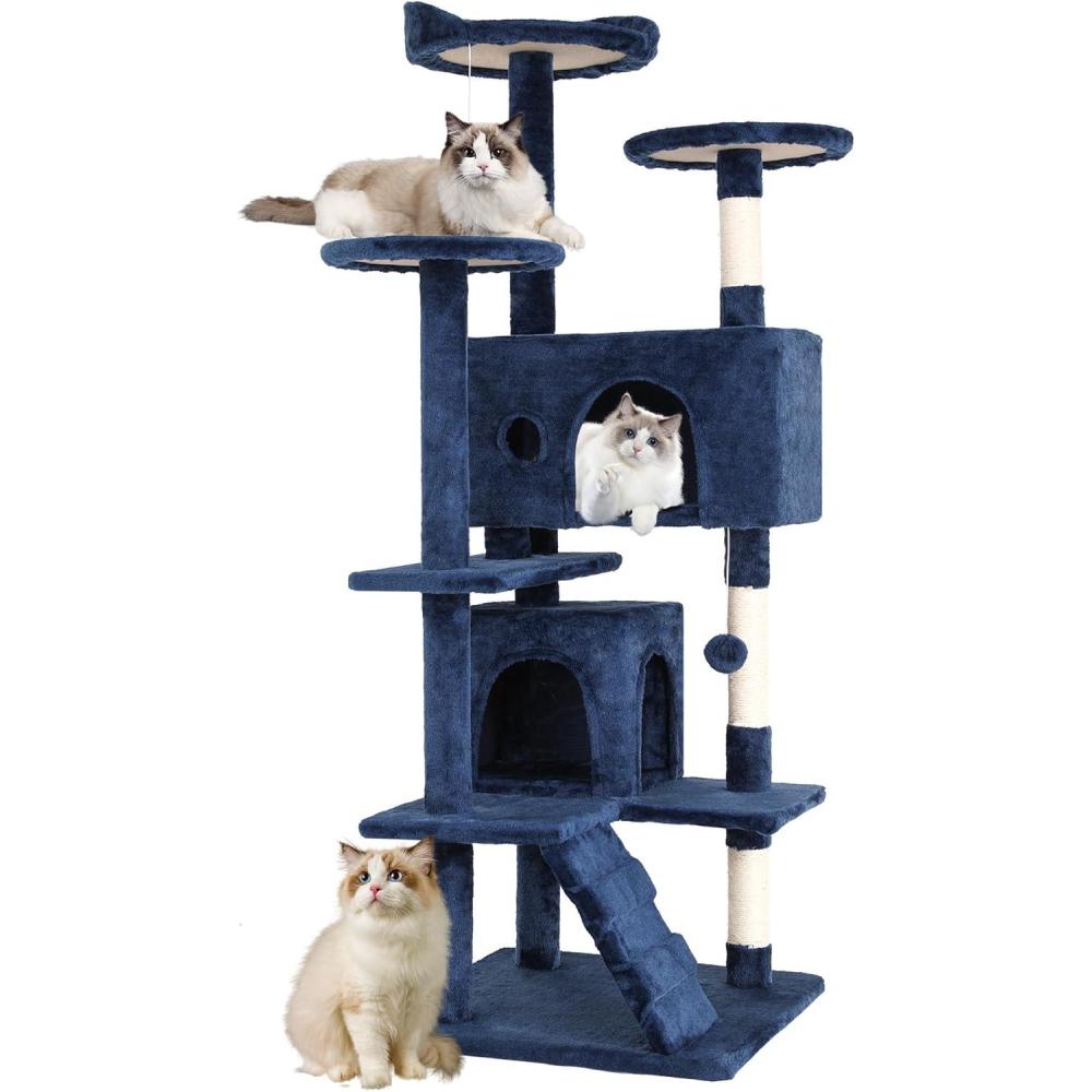image:imageFDW  70 Cat Tree Tower  Beige  MultiLevel Indoor Activity Center with Sisal Scratching Posts Condos Plush Perches Hanging Cat Toys  Sturdy Easy to Assemble  for Kittens amp Adult CatsDark Blue