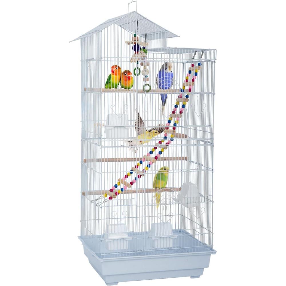 image:imageFDW 39 Inch Bird Cage Parakeet Cage with Play Top Rolling Stand amp Easy Clean PullOut Tray Roof Top Parrot Cage for for Finches Canaries Parakeets Cockatiels amp Other Small Birds White