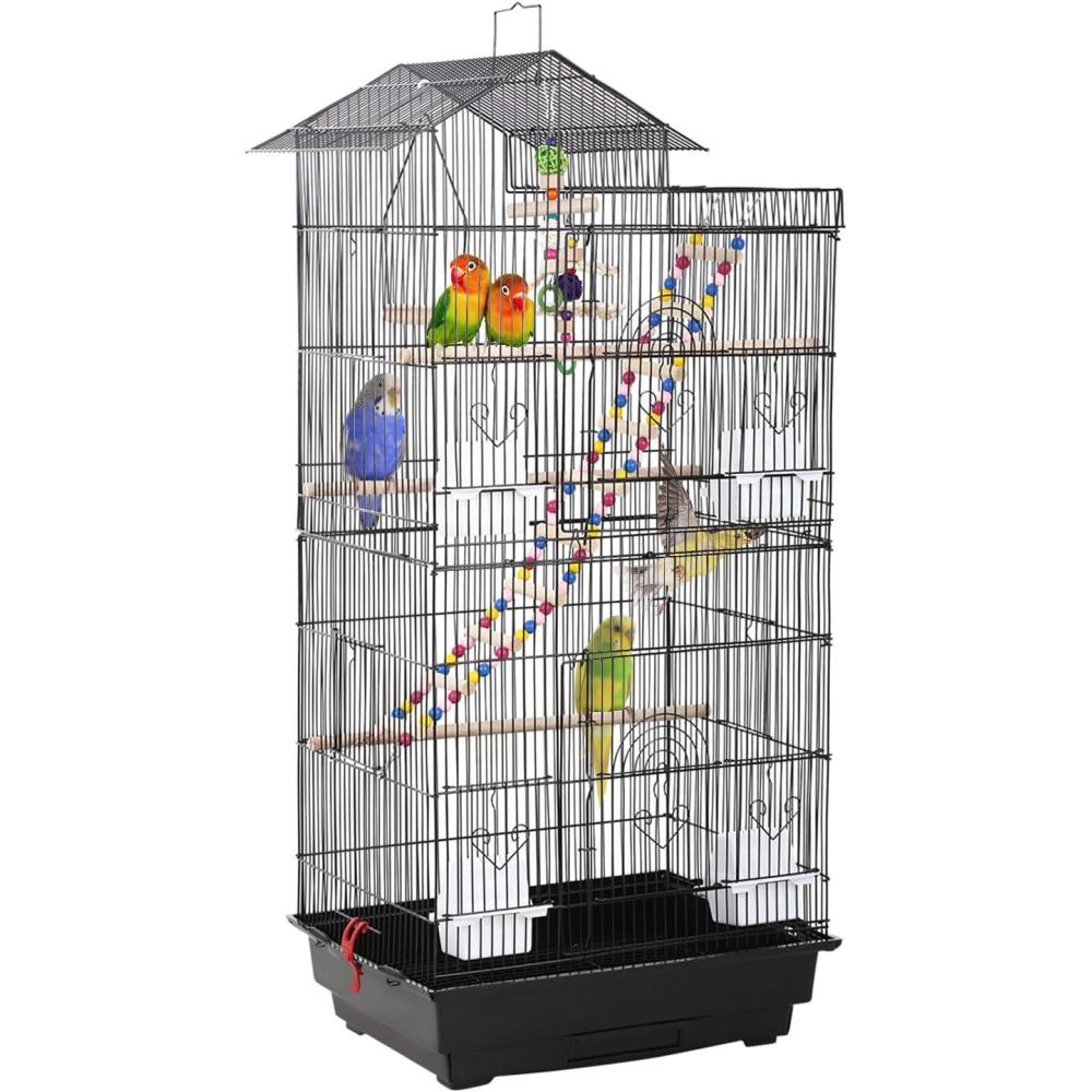 image:imageFDW 39 Inch Bird Cage Parakeet Cage with Play Top Rolling Stand amp Easy Clean PullOut Tray Roof Top Parrot Cage for for Finches Canaries Parakeets Cockatiels amp Other Small Birds Black