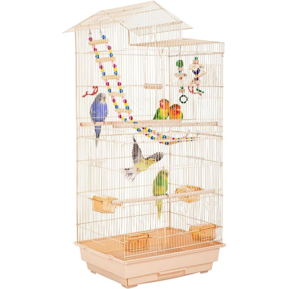 image:imageFDW 39 Inch Bird Cage Parakeet Cage with Play Top Rolling Stand amp Easy Clean PullOut Tray Roof Top Parrot Cage for for Finches Canaries Parakeets Cockatiels amp Other Small Birds Almond