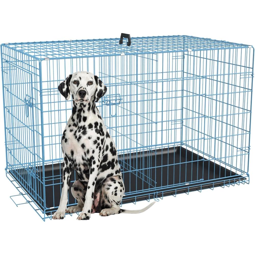 image:imageFDW Dog Crate for Large Dogs 48 Inch Folding Metal WirePet Cage Double Door WDivider Panel Indoor Outdoor Kennel LeakProof Plastic TrayBlue
