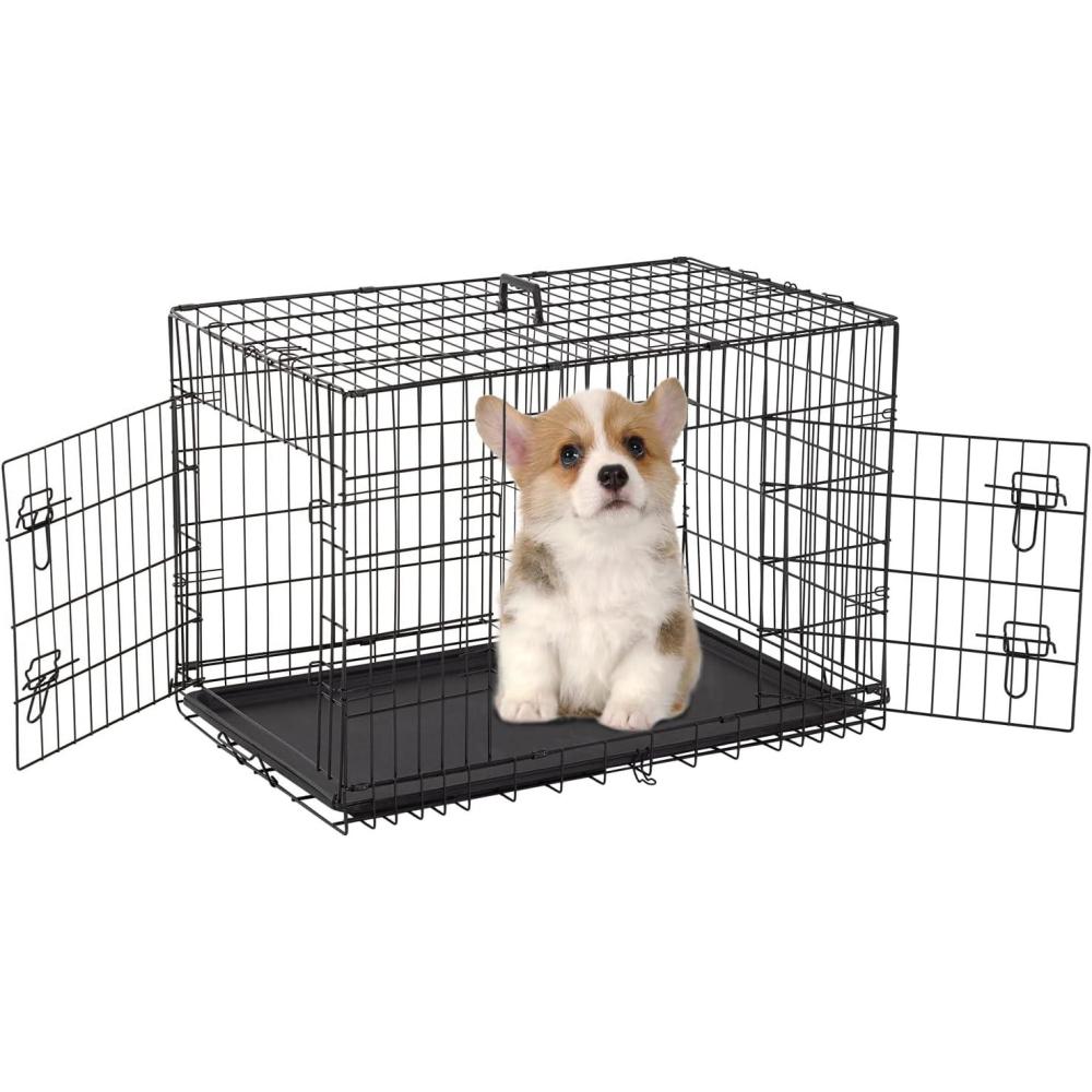 image:imageFDW Dog Crate for Medium Dogs 30 Inch Folding Metal WirePet Cage Double Door WDivider Panel Indoor Outdoor Kennel LeakProof Plastic TrayBlackBlack
