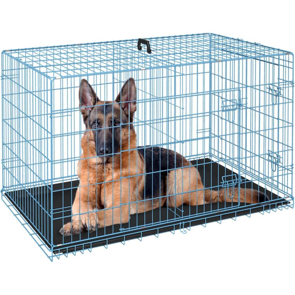 image:imageFDW Dog Crate for Medium Dogs 30 Inch Folding Metal WirePet Cage Double Door WDivider Panel Indoor Outdoor Kennel LeakProof Plastic TrayBlackBlue