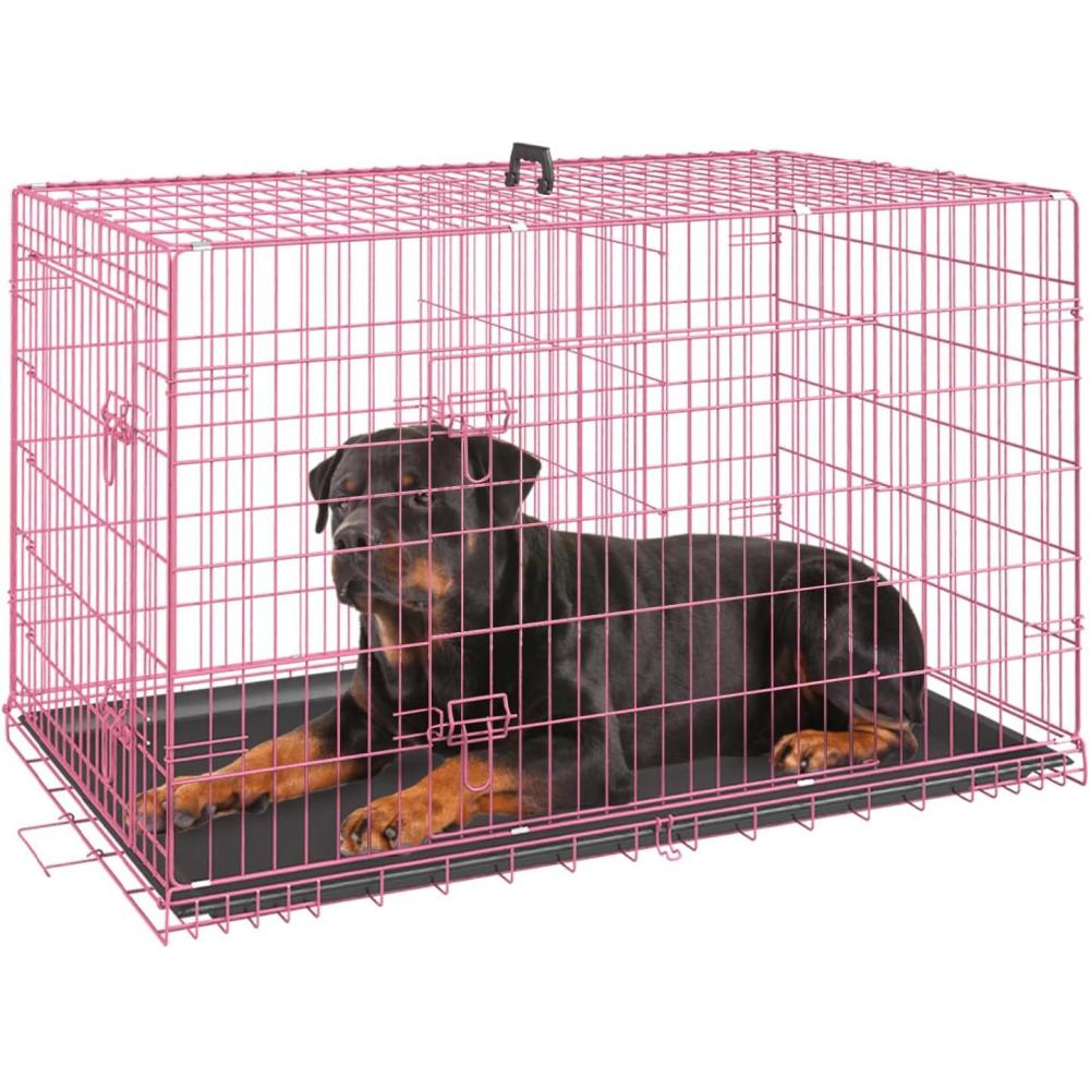 image:imageFDW Dog Crate for Medium Dogs 30 Inch Folding Metal WirePet Cage Double Door WDivider Panel Indoor Outdoor Kennel LeakProof Plastic TrayBlackPink
