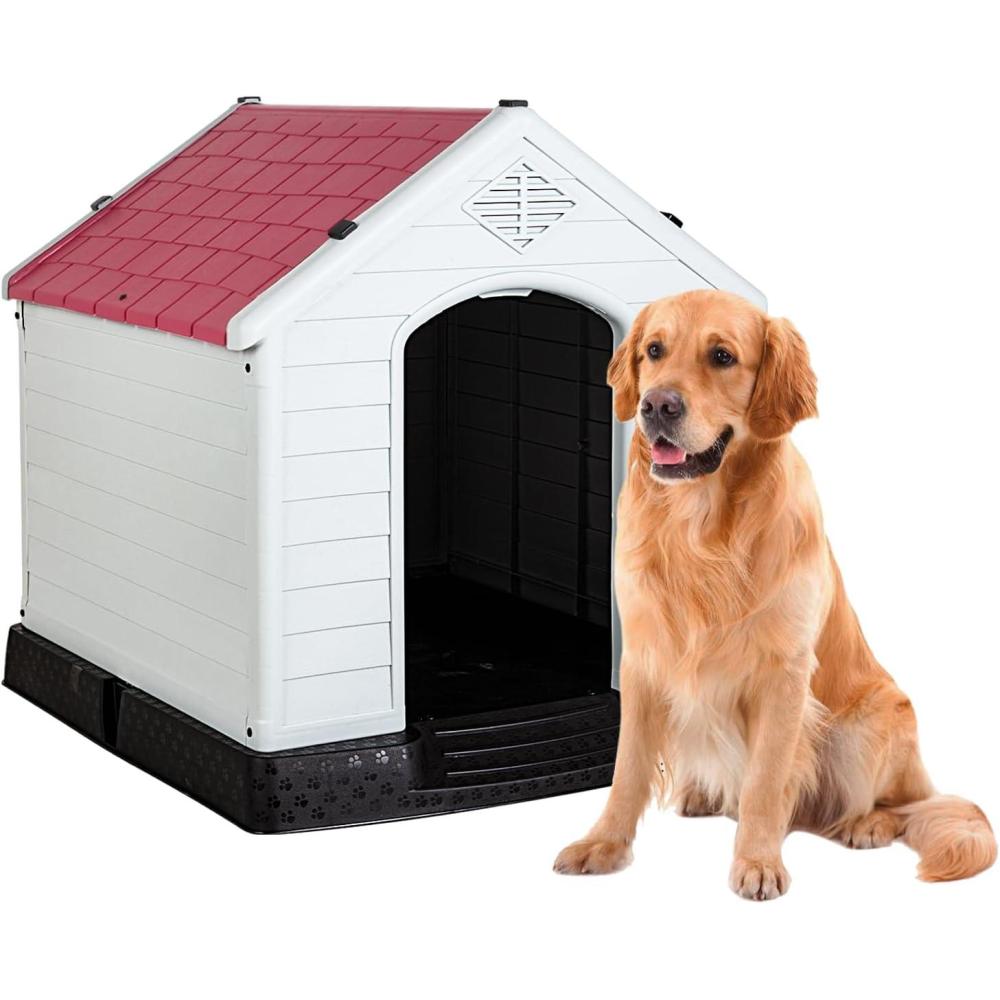image:imageFDW Dog House Indoor Outdoor Durable Ventilate Waterproof Pet Plastic Dog House for Small Medium Large Dogs Insulated Puppy Shelter Kennel Crate with Air Vents and Elevated FloorDark Red