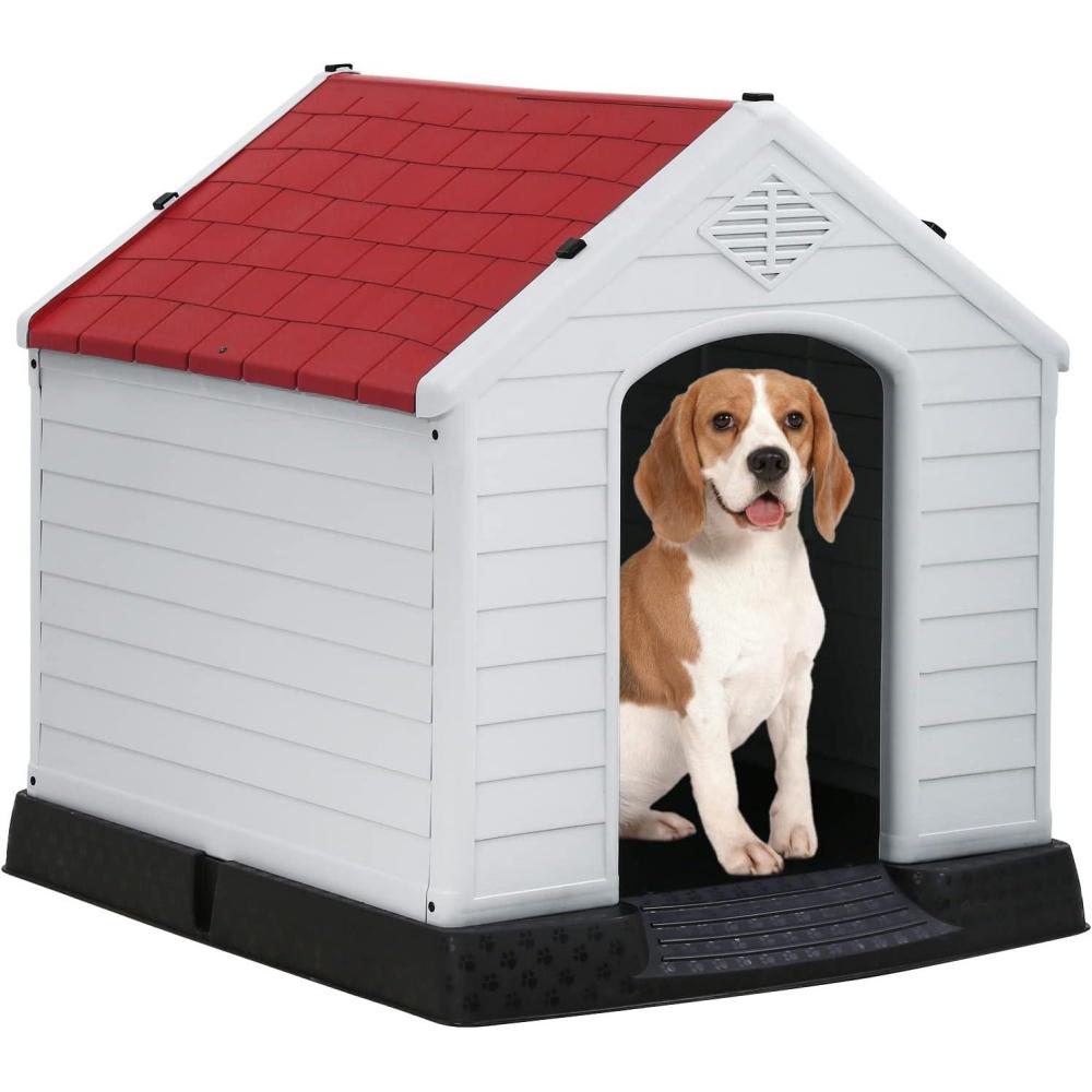 image:imageFDW Dog House Indoor Outdoor Durable Ventilate Waterproof Pet Plastic Dog House for Small Medium Large Dogs Insulated Puppy Shelter Kennel Crate with Air Vents and Elevated FloorRed