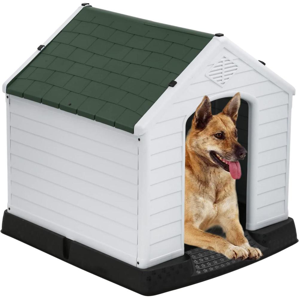 image:imageFDW Dog House Indoor Outdoor Durable Ventilate Waterproof Pet Plastic Dog House for Small Medium Large Dogs Insulated Puppy Shelter Kennel Crate with Air Vents and Elevated FloorDark Green