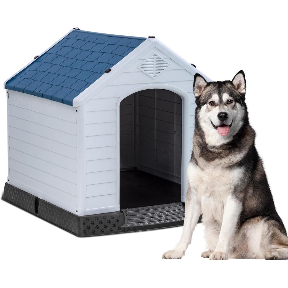 image:imageFDW Dog House Indoor Outdoor Durable Ventilate Waterproof Pet Plastic Dog House for Small Medium Large Dogs Insulated Puppy Shelter Kennel Crate with Air Vents and Elevated FloorDark Black