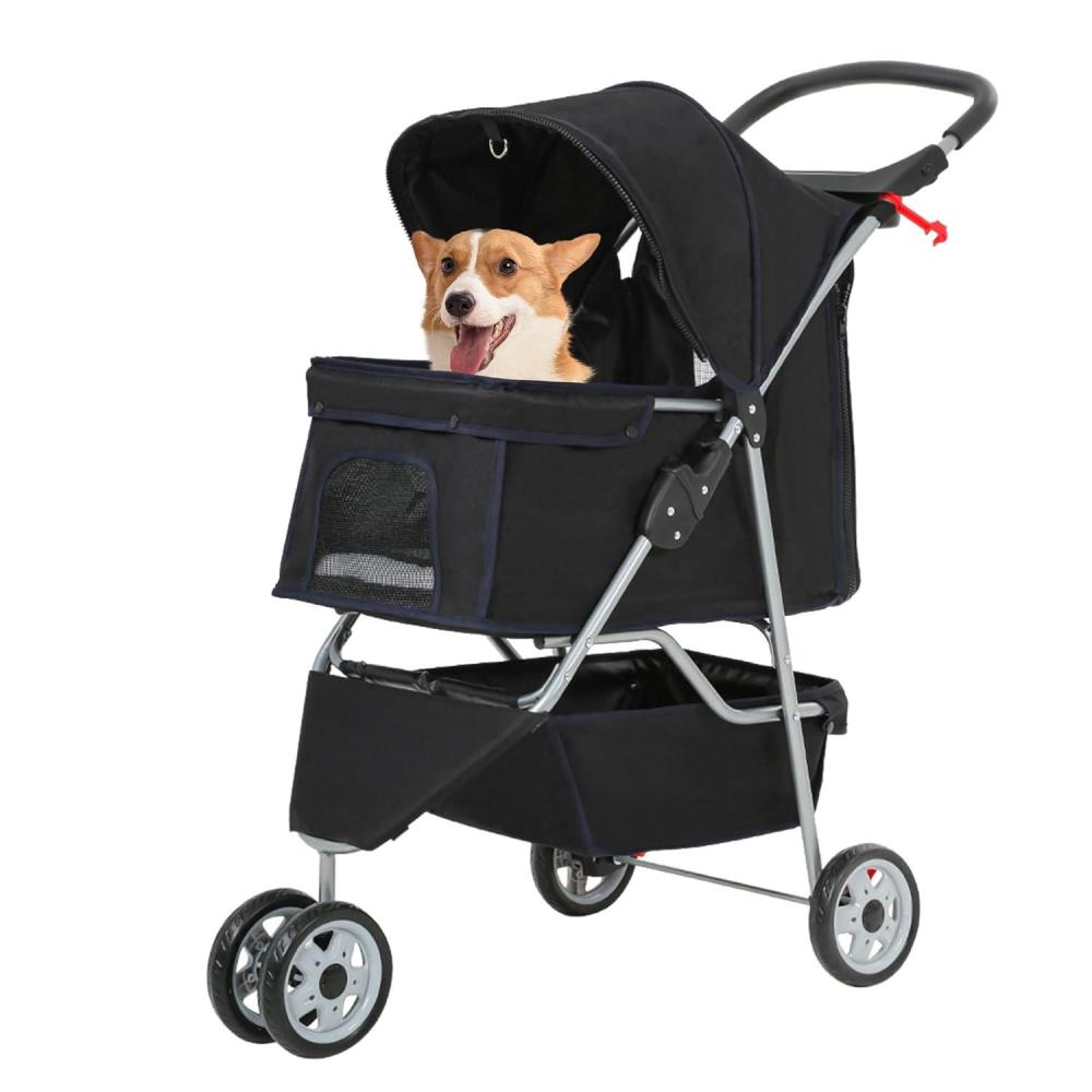 image:imageFDW Pet Stroller 3Wheel Durable Foldable Cat Dog Stroller with Washable Liner Storage Basket Cup HolderBlackBlack