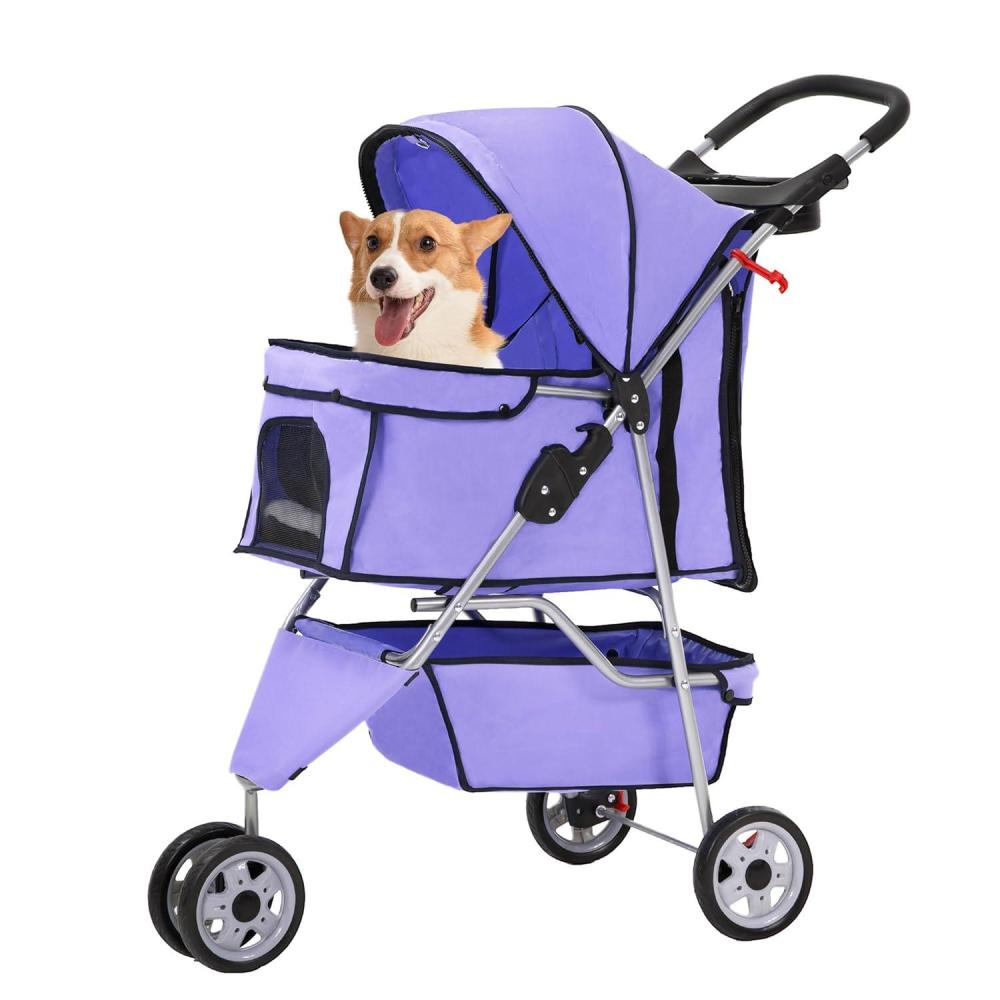 image:imageFDW Pet Stroller 3Wheel Durable Foldable Cat Dog Stroller with Washable Liner Storage Basket Cup HolderBlackPurple