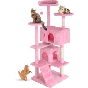 FDW | 70″ Cat Tree Tower | Beige | Multi-Level Indoor Activity Center with Sisal Scratching Posts, Condos, Plush Perches, Hanging Cat Toys | Sturdy, Easy to Assemble | for Kittens & Adult Cats(Pink)