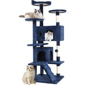 FDW | 70″ Cat Tree Tower | Beige | Multi-Level Indoor Activity Center with Sisal Scratching Posts, Condos, Plush Perches, Hanging Cat Toys | Sturdy, Easy to Assemble | for Kittens & Adult Cats(Dark Blue)