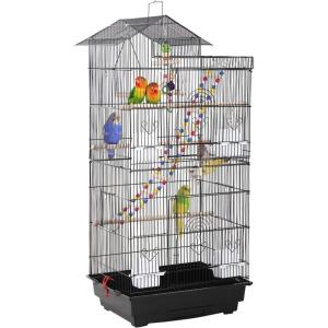 FDW 39 Inch Bird Cage Parakeet Cage with Play Top Rolling Stand & Easy Clean Pull-Out Tray Roof Top Parrot Cage for for Finches Canaries Parakeets Cockatiels & Other Small Birds, Black