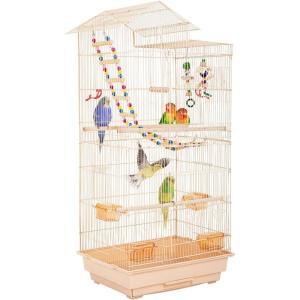 FDW 39 Inch Bird Cage Parakeet Cage with Play Top Rolling Stand & Easy Clean Pull-Out Tray Roof Top Parrot Cage for for Finches Canaries Parakeets Cockatiels & Other Small Birds, Almond