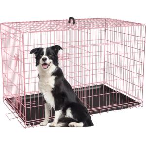 FDW Dog Crate for Large Dogs 42 Inch Folding Metal WirePet Cage Double Door W/Divider Panel Indoor Outdoor Kennel Leak-Proof Plastic Tray,Pink