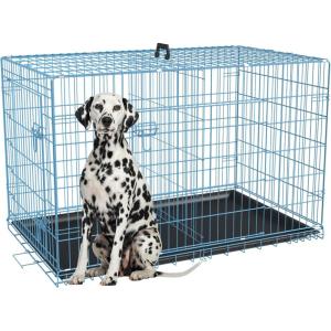 FDW Dog Crate for Large Dogs 48 Inch Folding Metal WirePet Cage Double Door W/Divider Panel Indoor Outdoor Kennel Leak-Proof Plastic Tray,Blue