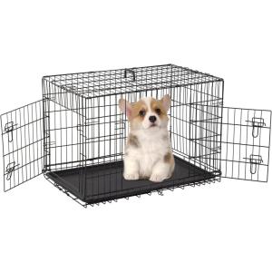 FDW Dog Crate for Medium Dogs 30 Inch Folding Metal WirePet Cage Double Door W/Divider Panel Indoor Outdoor Kennel Leak-Proof Plastic Tray,Black(Black)