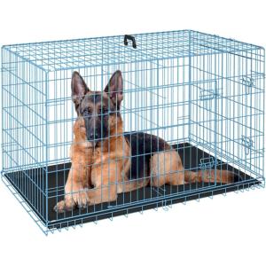 FDW Dog Crate for Medium Dogs 30 Inch Folding Metal WirePet Cage Double Door W/Divider Panel Indoor Outdoor Kennel Leak-Proof Plastic Tray,Black(Blue)