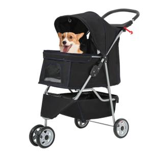 FDW Pet Stroller 3-Wheel Durable Foldable Cat Dog Stroller with Washable Liner Storage Basket Cup Holder,Black(Black)