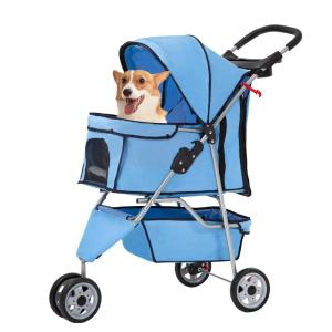 FDW Pet Stroller 3-Wheel Durable Foldable Cat Dog Stroller with Washable Liner Storage Basket Cup Holder,Black(Blue)