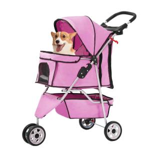 FDW Pet Stroller 3-Wheel Durable Foldable Cat Dog Stroller with Washable Liner Storage Basket Cup Holder,Black(Pink)