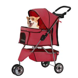 FDW Pet Stroller 3-Wheel Durable Foldable Cat Dog Stroller with Washable Liner Storage Basket Cup Holder,Black(Red)