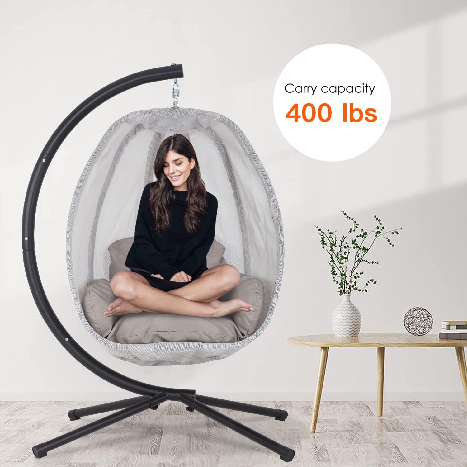 image:imageEgg Chair Hammock Chair Basket Chair Hanging Swing Chair UV Resistant Cushion with Stand for Indoor Bedroom Outdoor Garden BackyardBlack and Grey