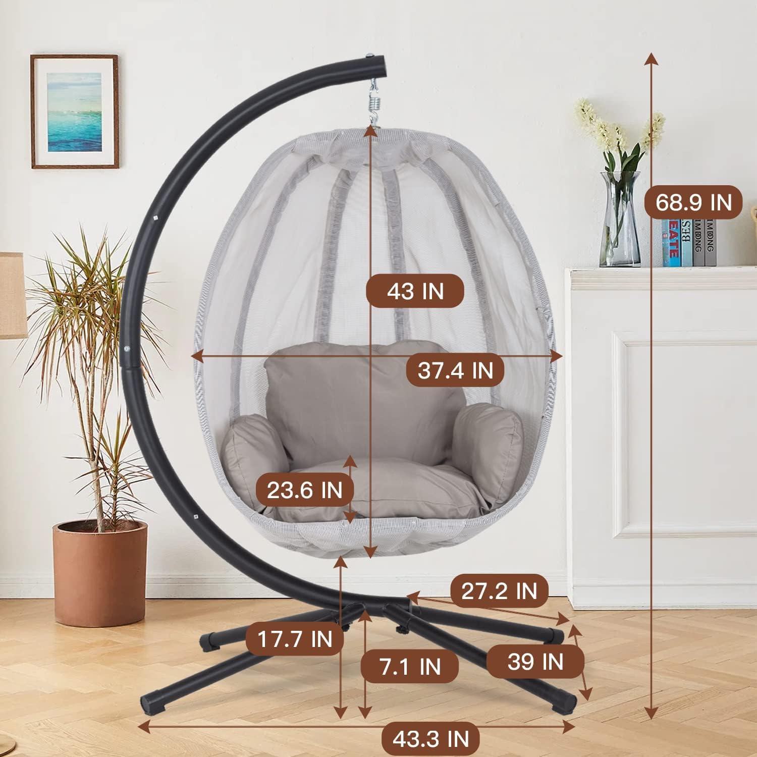 image:imageEgg Chair Hammock Chair Basket Chair Hanging Swing Chair UV Resistant Cushion with Stand for Indoor Bedroom Outdoor Garden BackyardBlack and Grey