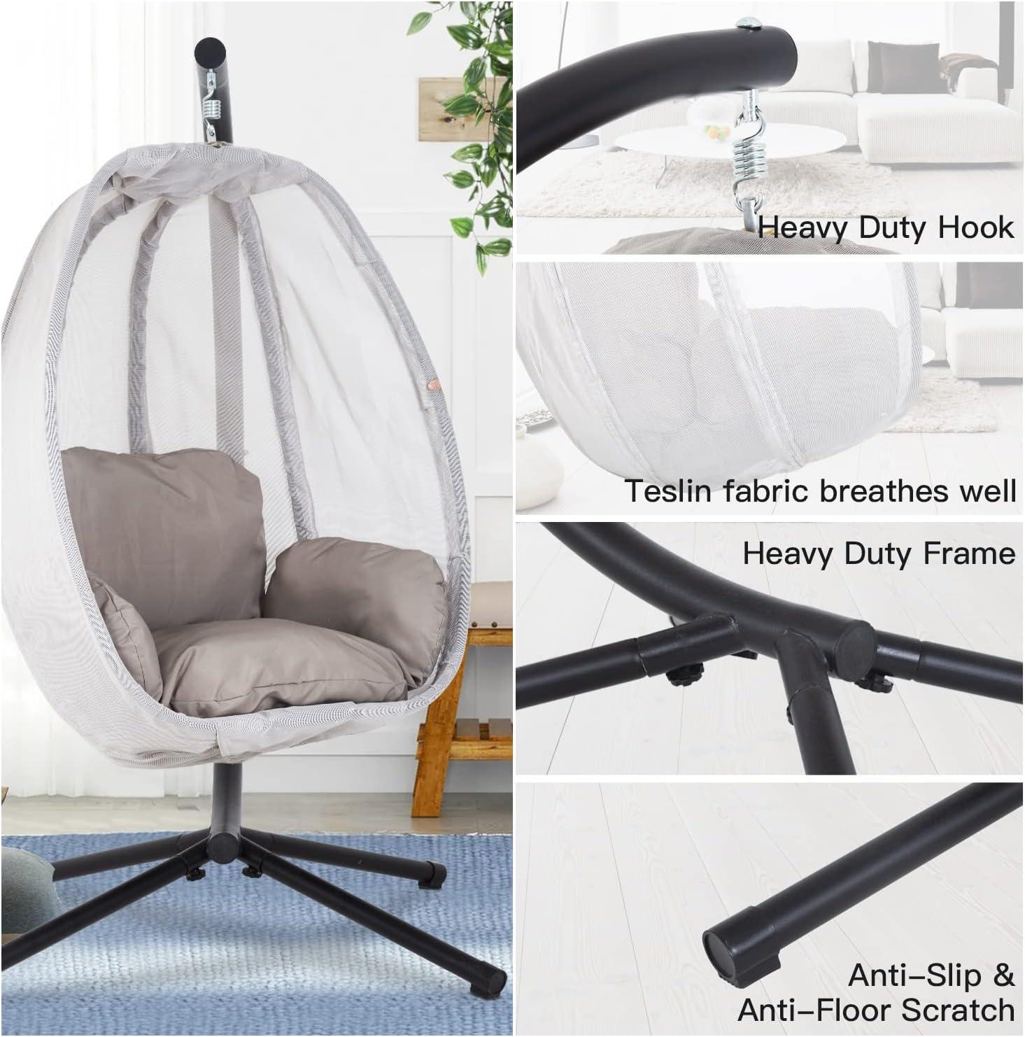 image:imageEgg Chair Hammock Chair Basket Chair Hanging Swing Chair UV Resistant Cushion with Stand for Indoor Bedroom Outdoor Garden BackyardBlack and Grey