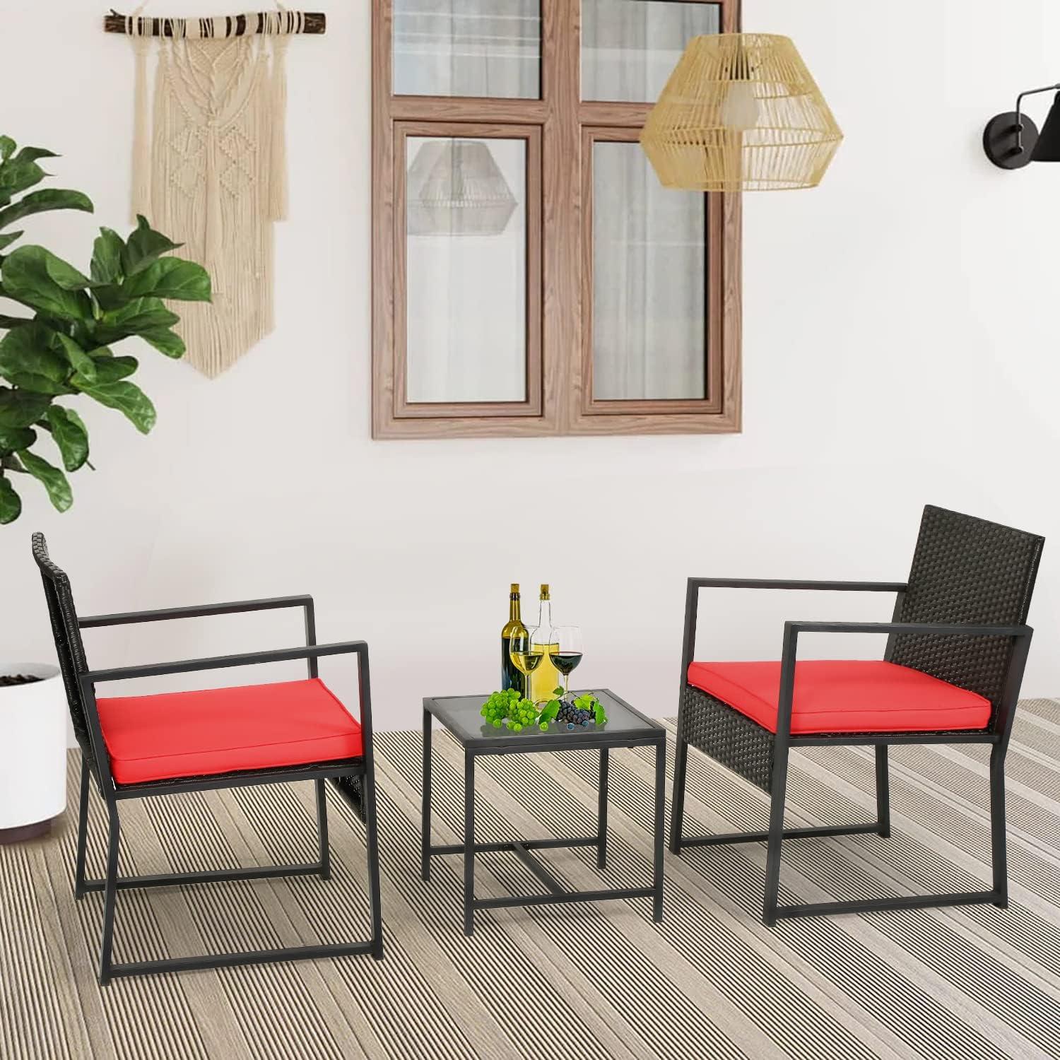 image:imageFDW 4Piece Patio Furniture Set Black Outdoor Wicker Furniture with Coffee Table Modern Rattan Chairs Conversation Set Outdoor Seating WeatherResistant for Porch Garden LawnRed