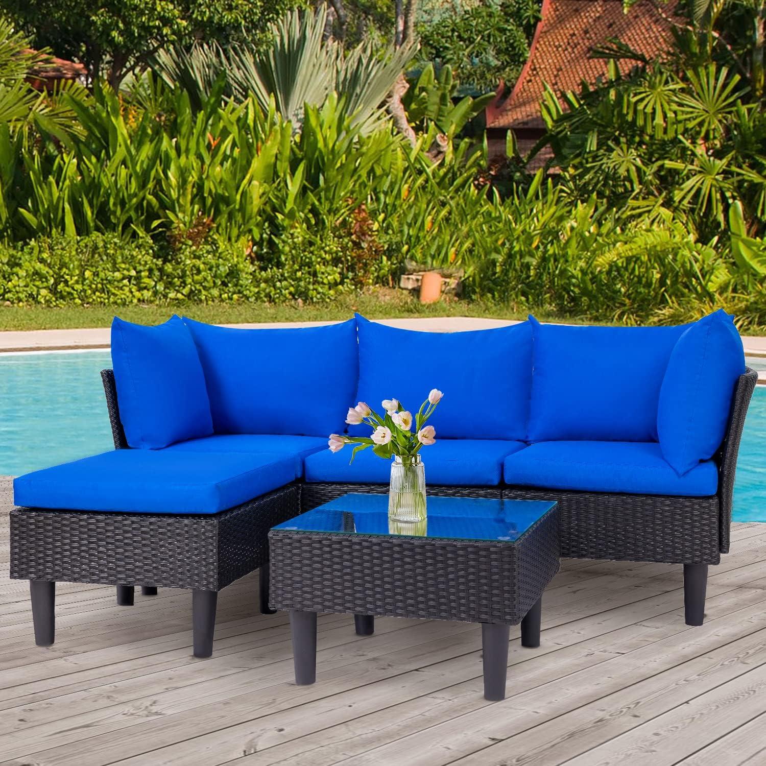 image:imageFDW 4Piece Patio Furniture Set Black Outdoor Wicker Furniture with Coffee Table Modern Rattan Chairs Conversation Set Outdoor Seating WeatherResistant for Porch Garden LawnBlue