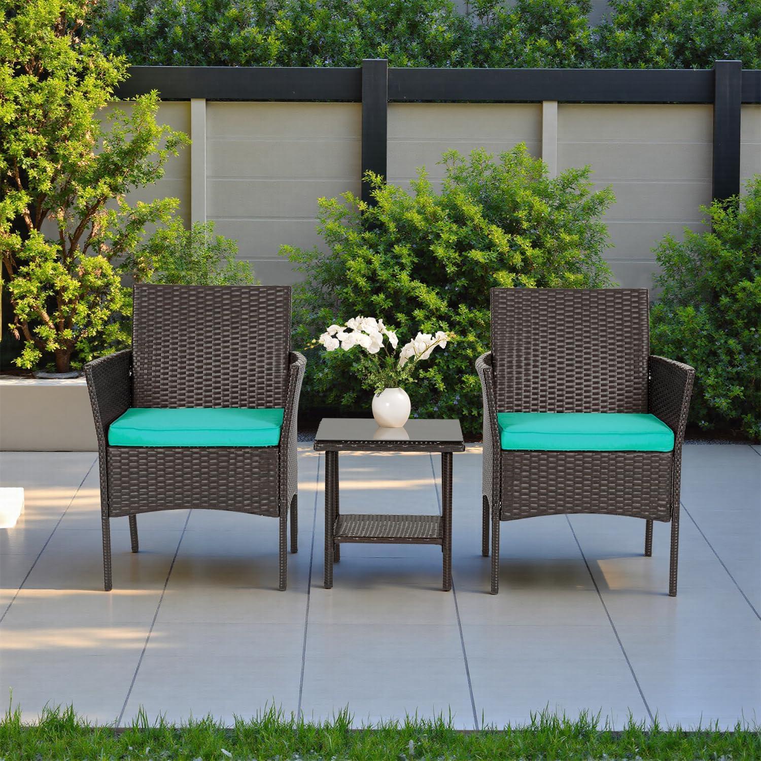 image:imageFDW 4Piece Patio Furniture Set Black Outdoor Wicker Furniture with Coffee Table Modern Rattan Chairs Conversation Set Outdoor Seating WeatherResistant for Porch Garden LawnBrown and Blue