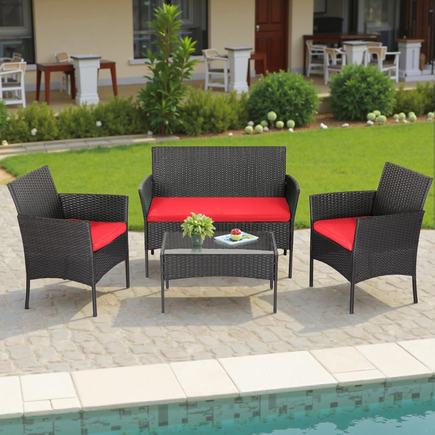 image:imageFDW 4Piece Patio Furniture Set Black Outdoor Wicker Furniture with Coffee Table Modern Rattan Chairs Conversation Set Outdoor Seating WeatherResistant for Porch Garden LawnRed