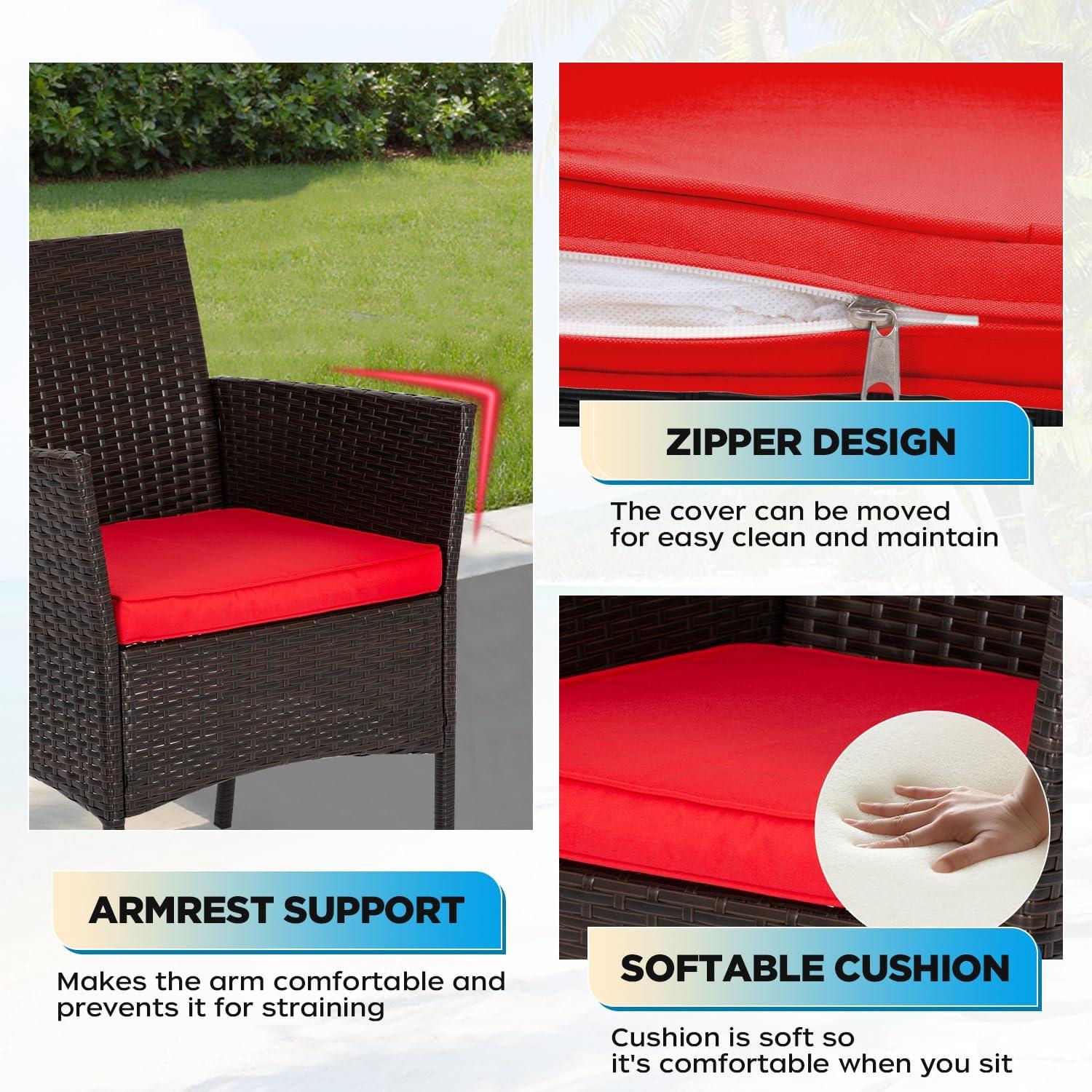 image:imageFDW 4Piece Patio Furniture Set Black Outdoor Wicker Furniture with Coffee Table Modern Rattan Chairs Conversation Set Outdoor Seating WeatherResistant for Porch Garden LawnBrown and Red