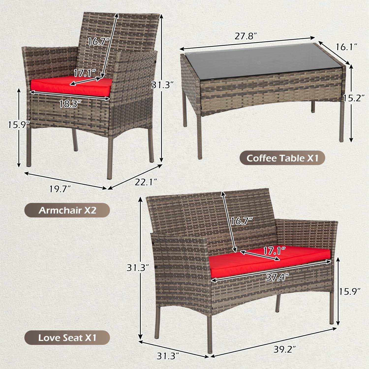 image:imageFDW 4Piece Patio Furniture Set Black Outdoor Wicker Furniture with Coffee Table Modern Rattan Chairs Conversation Set Outdoor Seating WeatherResistant for Porch Garden LawnGray and Red