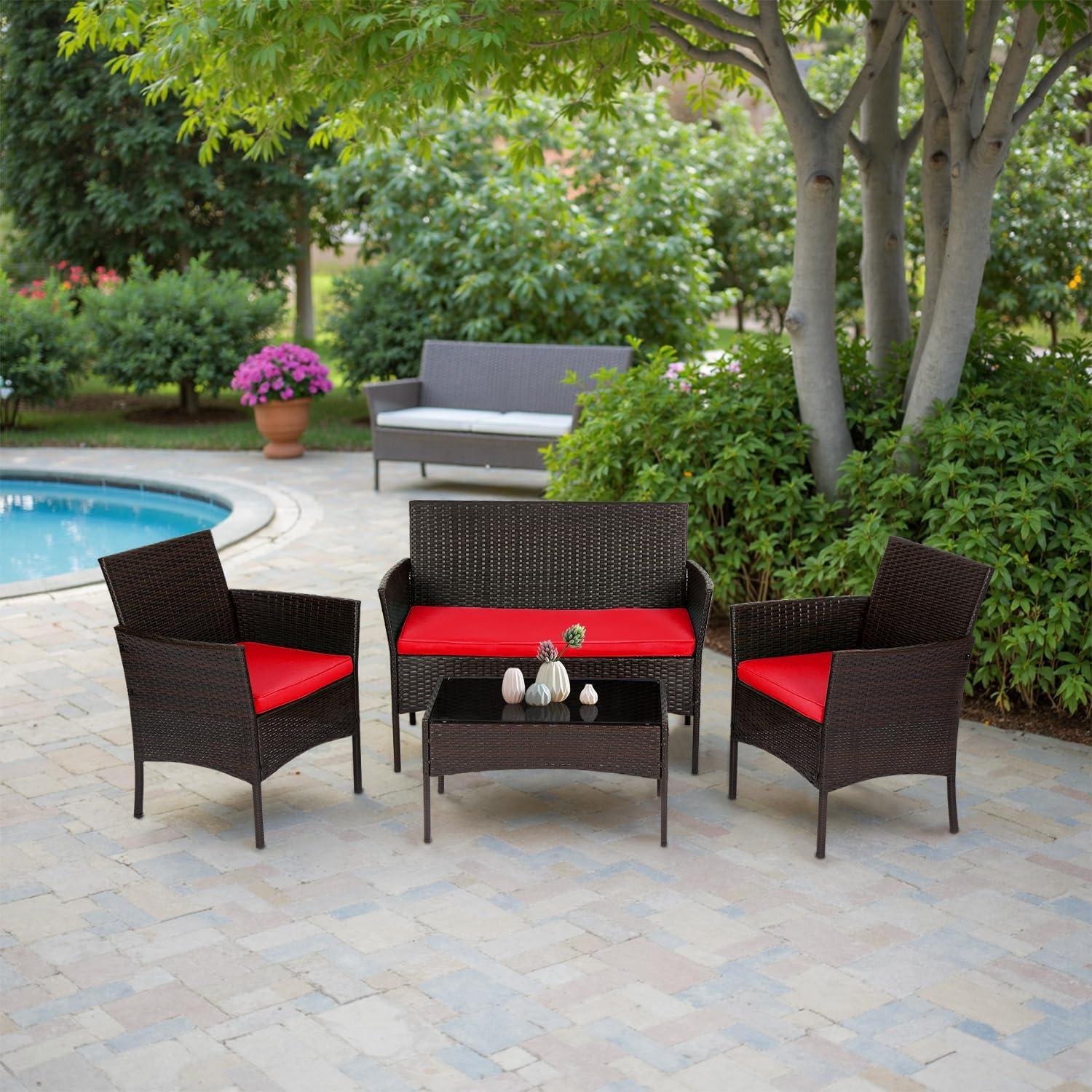 image:imageFDW 4Piece Patio Furniture Set Black Outdoor Wicker Furniture with Coffee Table Modern Rattan Chairs Conversation Set Outdoor Seating WeatherResistant for Porch Garden LawnBrown and Red