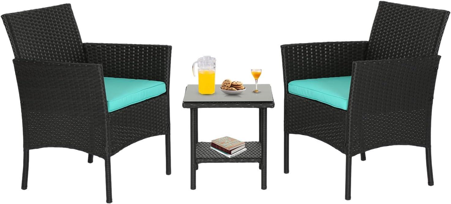 image:imageFDW 4Piece Patio Furniture Set Black Outdoor Wicker Furniture with Coffee Table Modern Rattan Chairs Conversation Set Outdoor Seating WeatherResistant for Porch Garden LawnBlue
