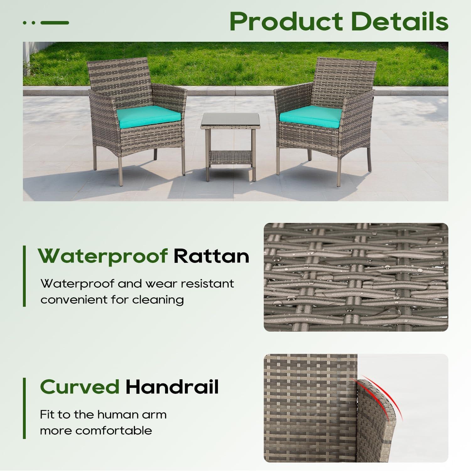 image:imageFDW 4Piece Patio Furniture Set Black Outdoor Wicker Furniture with Coffee Table Modern Rattan Chairs Conversation Set Outdoor Seating WeatherResistant for Porch Garden LawnGray and Blue