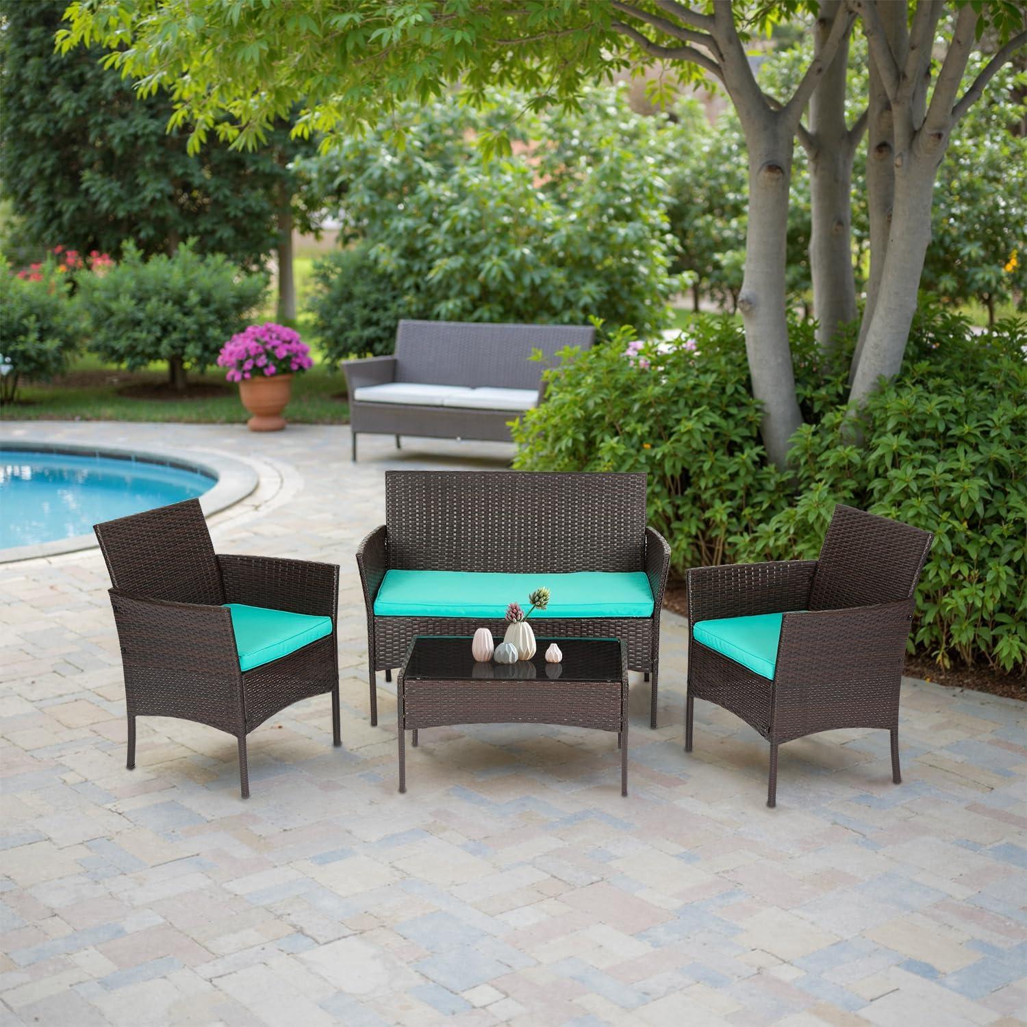 image:imageFDW 4Piece Patio Furniture Set Black Outdoor Wicker Furniture with Coffee Table Modern Rattan Chairs Conversation Set Outdoor Seating WeatherResistant for Porch Garden LawnBrown and Blue