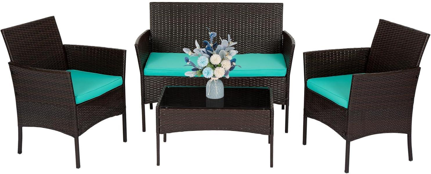 image:imageFDW 4Piece Patio Furniture Set Black Outdoor Wicker Furniture with Coffee Table Modern Rattan Chairs Conversation Set Outdoor Seating WeatherResistant for Porch Garden LawnBrown and Blue